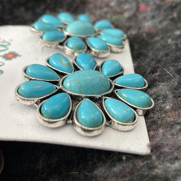 Faux Turquoise Floral Earrings large statement jewelry western southwest - Picture 3 of 8